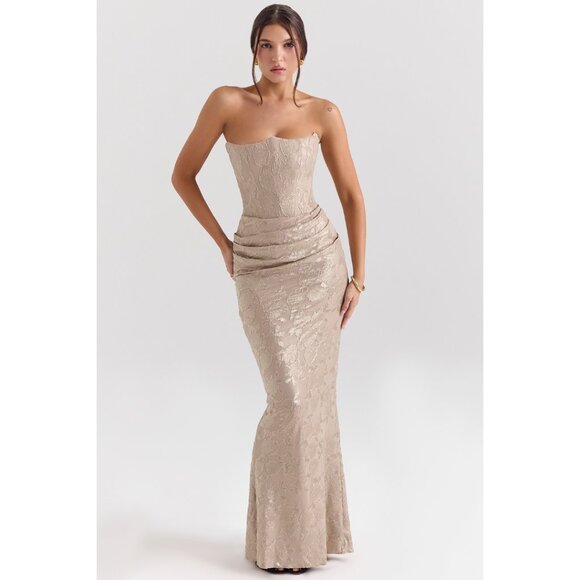 House of CB Persephone gold chiffon mesh strapless corset maxi dress XS - Picture 6 of 12